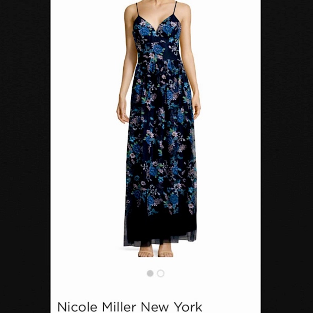 Nicole Miller Navy Blue Dress w/ Floral Design - Picture 1 of 5
